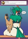 2021 anthro ask_blog avian beak big_butt bird blue_beak bra butt butt_pose cellphone clothed clothing dated decidueye dialogue dialogue_box digital_media_(artwork) electronics english_text fan_character feathered_wings feathers female generation_7_pokemon gradient_background green_body green_feathers head_turned holding_cellphone holding_object holding_phone holding_smartphone looking_at_viewer looking_back looking_back_at_viewer multicolored_body multicolored_feathers nintendo olive_the_decidueye open_beak open_mouth orange_body orange_feathers patreon patreon_logo phone pink_tongue pokemon pokemon_(species) pose pupils red_body red_feathers red_pupils signature simple_background sitting sketchybug skimpy smartphone solo speech_bubble tail tail_feathers talking_to_viewer tan_body tan_feathers text thick_thighs thong tongue underwear url wide_hips winged_arms wings yellow_eyes