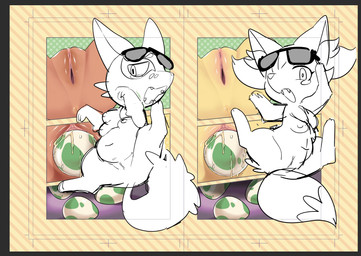 after_sex after_transformation bodily_fluids border breasts busty_feral egg female feral gender_transformation genitals grey_border multi_breast nipples oviposition pokemon_egg solo sweat tears transformation vulva oposa nintendo pokemon jaki-kun_(character) fennekin generation_6_pokemon generation_8_pokemon nickit pokemon_(species) hi_res