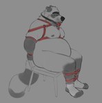 anthro ball_gag bdsm belly big_belly bondage bound chair furniture gag male moobs nipples overweight overweight_male restraints rope rope_bondage rope_harness simple_background sitting solo horrorbuns cliff_(horrorbuns) mammal procyonid raccoon 2022 hi_res