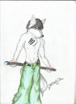 angry anthro belt bottomwear bulge chest_tuft clothed clothing colored_nails frown fur green_bottomwear green_clothing green_eyes male melee_weapon nails pants polearm scar scratches simple_background solo staff topless tuft weapon white_background white_body white_fur white_nails darklycan canid canine canis mammal wolf hi_res traditional_media_(artwork)