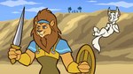 anthro desert duo halo male mane melee_weapon outside shield sword weapon kavalliernc joshua_and_the_promised_land_reanimated saberspark christopher_andrew_eugene_bazioni_(joshua_and_the_promised_land) joshua_(joshua_and_the_promised_land) canid canine felid fox lion mammal pantherine hi_res