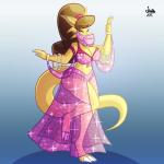 3_toes anthro belly_dancing biped breasts brown_hair claws cleavage clothed clothing eyelashes feet female finger_claws hair lips non-mammal_breasts on_one_leg smile solo standing tail toe_claws toes jamearts mythology rebecca_torres dragon mythological_creature mythological_scalie scalie 1:1 2018 hi_res