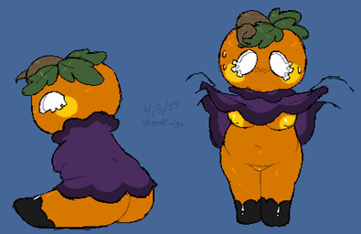 anthro areola armless belly biped bodily_fluids breasts butt cheek_spots clothed clothing eyelashes female flashing flashing_breasts food footwear for_a_head fruit genitals hair holidays hollow_eyes jack-o'-lantern leaf leaf_hair looking_at_viewer mouthless nipple_outline nipples not_furry orange_body overweight plant plant_hair pseudo_hair pumpkin pumpkin_head purple_clothing questionable_consent raised_clothing robe robe_only shoes shortstack shortstack_female simple_background solo sweat vulva vexedcalyx halloween lumina_(vexedcalyx) elemental_creature flora_fauna object_head 2023 colored digital_drawing_(artwork) digital_media_(artwork)