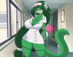 5_fingers anthro bedroom_eyes big_breasts blue_eyes blush breasts cleavage clothed clothing detailed_background female fingers fur green_body green_fur green_hair grey_hair hair half-closed_eyes hat headgear headwear heart_symbol hospital huge_breasts inner_ear_fluff long_hair long_tail looking_at_viewer multicolored_hair narrowed_eyes nurse nurse_clothing nurse_hat nurse_headwear nurse_uniform open_mouth panties seductive solo tail text thick_thighs tuft two_tone_hair underwear undressing uniform wide_hips mastergodai knuckle_up! hawke_(mastergodai) domestic_cat felid feline felis mammal 2017 english_text