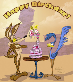 2_toes 3_toes 4_fingers anthro arm_tuft athletic athletic_anthro athletic_male back_tuft beak belly biped birthday birthday_cake birthday_candle black_eyes black_nose blue_body blue_feathers brown_body brown_fur cake canyon casual_nudity chest_tuft clasped_hands claws cloud collarbone desert dessert duo elbow_tuft eyebrows feathered_wings feathers feet fingers food fur furniture gold_text happy happy_birthday head_feathers hip_tuft knee_tuft leg_tuft male multicolored_body multicolored_feathers multicolored_fur nude orange_legs outside paws pecs plantigrade purple_body purple_feathers ribs shadow shoulder_tuft skinny sky smile standing table tail tail_feathers talons tan_belly tan_body tan_eyebrows tan_fur text toe_claws toe_tuft toes tuft two_tone_body two_tone_feathers two_tone_fur white_sclera wings yellow_beak yellow_sclera yellow_sky stevethedragon looney_tunes warner_brothers road_runner_(looney_tunes) wile_e._coyote avian bird canid canine canis coyote cuculiform greater_roadrunner mammal new_world_ground_cuckoo roadrunner 2009 colored detailed digital_drawing_(artwork) digital_media_(artwork) digital_painting_(artwork) english_text painting_(artwork) shaded signature sketch warm_colors