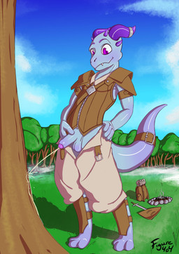 anthro balls biped bodily_fluids campfire clothed clothing foreskin fur genital_fluids genitals grass humanoid_genitalia humanoid_penis male male_peeing melee_weapon outside partially_retracted_foreskin peeing peeing_on_tree penis plant purple_eyes shield solo tail tree urine watersports weapon figure404 mythology dragon mythological_creature mythological_scalie scalie absurd_res hi_res