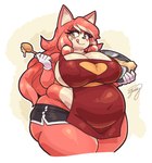 anthro apron batter belly big_belly big_breasts black_nose bottomwear bowl breasts brown_pupils cake_batter cleavage cleavage_overflow clothed clothing container eyelashes female fur glistening glistening_eyes gloves hair handwear highlights_(coloring) hotpants huge_breasts huge_thighs licking licking_lips long_hair multicolored_body multicolored_fur narrowed_eyes navel navel_outline nipple_outline orange_eyes overweight overweight_female pink_body pink_ears pink_fur pupils red_tongue shorts simple_background solo standing tan_body tan_fur tan_inner_ear text thick_thighs tongue tongue_out two_tone_body two_tone_fur white_background white_clothing white_gloves white_handwear wide_hips wooden_spoon sketchytodd sega sonic_the_hedgehog_(series) the_murder_of_sonic_the_hedgehog conductor's_wife_(sonic) akita canid canine canis domestic_dog mammal spitz artist_name signature