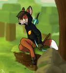 anthro barefoot bottomless brown_body brown_fur clothed clothing detailed_background diamond_(gem) diamond_pickaxe diamond_sword dipstick_ears dipstick_tail ear_markings feet fur gem holding_object holding_tool hoodie inner_ear_fluff looking_at_viewer male markings melee_weapon multicolored_ears multicolored_tail outside pickaxe plant rock sitting smile solo spots spotted_body spotted_fur sword tail tail_markings tools topwear tree tuft weapon white_body white_fur theblueberrycarrots microsoft minecraft mojang xbox_game_studios canid canine fox mammal 2020 digital_media_(artwork)