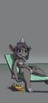 1_horn anthro beach_chair bikini bikini_bottom bikini_top braces camel_toe clothing female food hair horn looking_at_viewer nachos nipple_outline purple_hair reclining simple_background solo swimwear two-piece_swimsuit xpbarq alexis_(corn_kidz_64) bovid caprine goat mammal hi_res