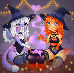 anthro book candle cauldron clothing duo female hat headgear headwear magic_user witch katilina_(artist) cayes nicoya domestic_cat felid feline felis mammal reptile scalie turtle hi_res