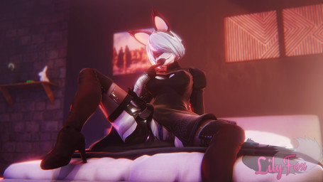 anthro armwear bed bedroom black_boots black_clothing black_dress black_footwear black_gloves black_handwear black_legwear black_lips black_thigh_highs blindfold blue_vulva blurred_background boots breasts brick brick_wall cleavage cleavage_cutout clothed clothing cosplay cutout dress elbow_gloves female fingerless_gloves footwear furniture genitals gloves hair hair_over_eyes handwear high_heeled_boots high_heels inside legwear lips machine medium_breasts on_bed shoes sitting sitting_on_bed smile smiling_at_viewer solo spread_legs spreading thick_thighs thigh_highs vulva wall_(structure) white_armwear white_body white_clothing white_elbow_gloves white_fingerless_gloves white_gloves white_hair white_handwear lilythefox09 disembowell_(modeler) psychojohn2_(modeler) five_nights_at_freddy's nier_automata platinumgames scottgames fan_character lily_(lilythefox09) yorha_2b animatronic canid canine fox mammal robot robot_anthro 16:9 2025 3d_(artwork) 4k absurd_res digital_media_(artwork) hi_res watermark widescreen