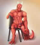 abs anthro athletic balls biceps biped chair claws erection feet furniture genitals green_eyes happy horn humanoid_genitalia humanoid_penis looking_away male manly markings muscular muscular_anthro nude pecs penis pose red_body red_skin scales sitting smile solo spikes stripes toe_claws eyrich microsoft the_elder_scrolls spykezap argonian reptile scalie 2014 hi_res