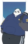 anthro backpack belly big_belly black_body black_nose bottomwear clothing hoodie kemono leaf male overweight overweight_male pants solo topwear white_body haoming bear giant_panda mammal 2023 hi_res