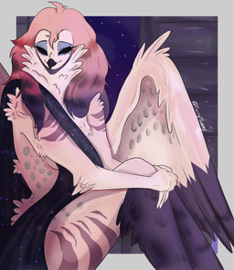 anthro back_wings beak drapery_(clothing) feathered_wings feathers female hair lock pink_body pink_hair solo spread_wings window_seat wings furrymammy avian bird owl absurd_res hi_res