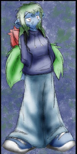 abstract_background anthro backpack blue_body blue_skin clothed clothing depression female flower green_hair hair hoodie long_hair oversized_clothing plant pokemorph red_eyes scales solo standing student topwear zarla nintendo pokemon elemental_creature flora_fauna generation_1_pokemon ivysaur pokemon_(species)