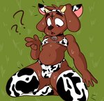 anthro belly bulge clothed clothing cow_outfit eyebrows kneeling legwear male navel open_mouth simple_background slightly_chubby slightly_chubby_male solo surprised_expression thick_eyebrows thick_thighs thigh_highs wide_hips eljelicsnsfw canid canine canis domestic_dog mammal 2021 absurd_res digital_media_(artwork) hi_res