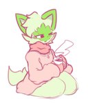 ambiguous_gender anthro cheek_tuft clothing facial_tuft hot_drink oversized_clothing scarf solo steam tail tuft catedging nintendo pokemon generation_9_pokemon pokemon_(species) sprigatito