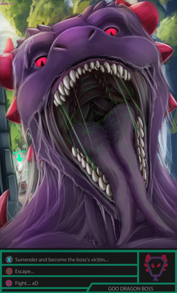 anthro anthro_pred bodily_fluids dripping fangs gameplay_mechanics goo_drip horn male male_pred mouth_shot open_mouth purple_body purple_flesh red_eyes sharp_teeth slime solo spikes spikes_(anatomy) teeth text vore willing_pred rektalius mythology devourer_(razor_koopa) dragon goo_creature goo_dragon mythological_creature mythological_scalie scalie 2022 absurd_res english_text hi_res