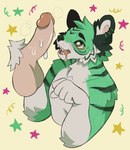 5_fingers ambiguous_fluids anthro balls black_eyebrows bodily_fluids brown_eyes brown_glans cheek_tuft countershading dark_ears dark_stripes drooling duo ear_piercing erection eyebrows facial_markings facial_tuft fingers forehead_markings fur genitals glans green_ears green_stripes grey_body grey_countershading grey_fur grey_hands grey_inner_ear grey_pupils head_markings head_tuft humanoid_genitalia humanoid_hands humanoid_penis looking_at_another's_penis looking_at_genitalia looking_at_penis male markings open_mouth open_smile penis piercing pink_balls pink_penis pupils saliva simple_background smile solo_focus star striped_arms striped_body striped_cheeks striped_fur striped_shoulders stripes teeth tuft yellow_background yakpup felid mammal pantherine tiger bust_portrait digital_drawing_(artwork) digital_media_(artwork) portrait