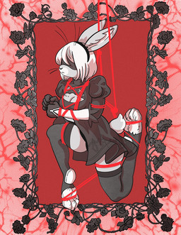 alternate_species anthro bdsm bondage border bottomwear bound breasts cleavage clothed clothing decorative_border ears_up female fur furrification gloves handwear legwear paws red_rope restraints rope rope_bondage skirt solo stockings suspension suspension_bondage white_body white_fur dieselmonkey nier_automata platinumgames yorha_2b lagomorph leporid mammal rabbit