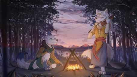 anthro bowed_string_instrument campfire duo female forest lake male male/female mountain musical_instrument plant string_instrument sunset tree twilight violin stampmats canid canine canis mammal wolf 16:9 widescreen