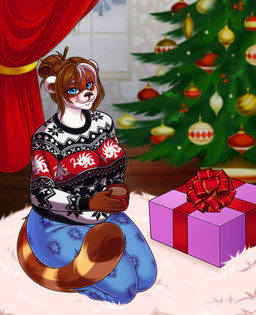 anthro christmas_decorations christmas_present christmas_tree clothed clothing curvy_figure female fluffy fluffy_tail fur gift hair holidays multicolored_body multicolored_fur multicolored_hair nerd pajamas plant solo sweater tail thick_thighs topwear tree ugly_sweater chrysanthemummy blizzard_entertainment christmas warcraft huan_honeybrew ailurid bear mammal pandaren red_panda digital_media_(artwork) hi_res