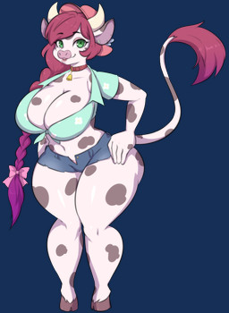 5_fingers animal_print anthro big_breasts bottomwear braided_hair braided_ponytail breasts brown_spots clothing cloven_hooves country_girl cow_print cowbell ear_piercing female fingers fur green_eyes hair hat headgear headwear hooves horn hotpants long_hair long_tail magenta_hair piercing pink_clothing pink_hat pink_headwear pink_ribbon ponytail red_hair shirt shorts solo spots tail tail_tuft thick_thighs tied_shirt topwear tuft white_body white_fur wide_hips nothing-left bonnie_braum_(nickzilla) bovid bovine cattle humanoid mammal absurd_res alpha_channel hi_res