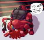 anal anthro biceps big_butt bodily_fluids body_hair butt butt_hair dialogue duo english_text facesitting fangs feet fighting_ring forced generation_6_pokemon generation_7_pokemon glistening glistening_body hawlucha incineroar male male/male motion_lines muffled muscular musk musk_clouds nintendo oral pawpads pinned pokemon pokemon_(species) public rimming scruffymusk sex shadow sitting_on_another smile sound_effects speech_bubble spotlight stripes sweat sweatdrop sweaty_butt teeth text thick_thighs tongue tongue_out triceps wrestling