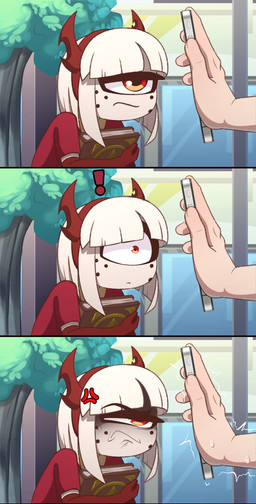 1_eye accessory ambiguous_gender angry armwear bodily_fluids book cellphone clothing constricted_pupils cross-popping_vein detailed_background disembodied_hand duo elbow_gloves electronics exclamation_point fake_horns female freckled_face freckles gloves hair hair_accessory hairband handwear holding_book holding_cellphone holding_object holding_phone holding_smartphone horned_hairband outside phone pupils red_armwear red_clothing red_elbow_gloves red_eyes red_gloves red_handwear red_topwear scared shaking short_hair showing_phone small_pupils smartphone surprised sweat topwear white_hair barryfactory suzie_(barryfactory) cyclops demon human humanoid mammal 2024 absurd_res comic hi_res