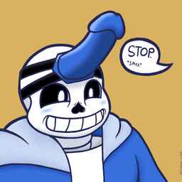 blush bone clothed clothing dildo dildo_on_head genitals humanoid_genitalia humanoid_penis humor male not_furry penis pun sex_toy simple_background skeleton smile solo strapon text wearing_strapon lunarpanda8686 undertale undertale_(series) sans_(undertale) animated_skeleton humanoid undead 1:1 digital_media_(artwork) english_text