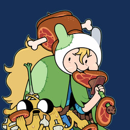 anthro beef belt blonde_hair bodily_fluids bone cloak clothing dewlap_(anatomy) duo eating eating_food eating_meat food garlic hair holding_melee_weapon holding_object holding_sword holding_weapon jowls long_hair male meat melee_weapon plant ponytail scar shirt skull steak sweat sword topwear vegetable weapon discount-supervillain adventure_time cartoon_network finn_the_human jake_the_dog canid canine canis domestic_dog human mammal 1:1 alpha_channel