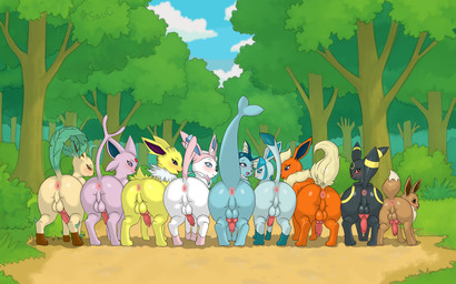 animal_genitalia animal_penis anus backsack balls blush butt canine_genitalia canine_penis cloud digitigrade dirt dirt_path eyelashes femboy feral forest forest_background genitals group knot looking_back male nature nature_background outside penis plant presenting presenting_hindquarters raised_tail rear_view seductive shrub side_by_side tail tail_anus take_your_pick thick_tail tree onesaucydragon nintendo pokemon eevee eeveelution espeon flareon generation_1_pokemon generation_2_pokemon generation_4_pokemon generation_6_pokemon glaceon jolteon leafeon pokemon_(species) sylveon umbreon vaporeon 16:10 absurd_res hi_res widescreen