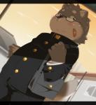 anthro bag bandage blush clothed clothing eyewear fully_clothed glasses kemono male overweight overweight_anthro overweight_male school_uniform slightly_chubby solo suit uniform hinami canid canine canis domestic_dog mammal 2014 hi_res