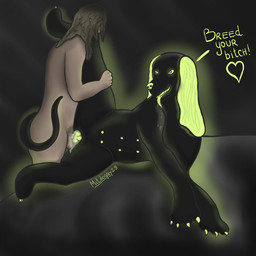 animal_genitalia balls bestiality black_body bodily_fluids butt canine_genitalia claws dialogue dominant dominant_feral duo female feral feral_penetrated genital_fluids genitals glowing glowing_eyes green_eyes grin hair human_on_feral human_penetrating interspecies larger_female long_hair lying male male/female multi_nipple nipples nude on_side open_mouth paws penetration penile penile_penetration penis penis_in_vagina pubes saliva saliva_string sex short_fur simple_background size_difference smaller_male smile tail tail_wraps talking_feral teeth text tongue tongue_out vaginal vaginal_fluids vaginal_penetration vulva wraps mitdoggy29 canid canine canis domestic_dog human mammal hi_res