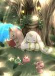 anthro book brown_body brown_fur fur group horn long_ears plant reading sleeping tree white_body white_fur bzecu0mihjv7okr bandai_namco digimon cherrymon digimon_(species) elemental_creature flora_fauna lopmon terriermon