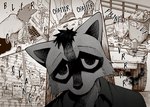 all_fours anthro bleak_ambiance bodily_fluids clothed clothing ears_down fully_clothed grate kemono male pivoted_ears sad solo trash trash_can trash_on_ground vomit vomiting dark_ishihara araizumi_funaka mammal procyonid raccoon comic hi_res