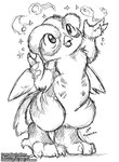 anthro back_wings chibi claws feathered_wings feathers featureless_crotch looking_up magic magic_user male nude open_mouth small_wings solo toe_claws wings o-kemono lyron_(miwauturu) avian bird owl 2021 graphite_(artwork) monochrome signature sketch traditional_media_(artwork)