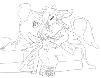 ankle_tuft anthro bed bedding blanket blush blush_lines cheek_tuft chest_tuft duo ear_markings eyes_closed facial_markings facial_tuft feather_hair feather_markings feathered_tail feathered_wings feathers female forehead_markings furniture head_markings head_on_lap laying_on_another laying_on_lap leg_tuft looking_at_another lying lying_on_bed male markings mattress nose_markings on_bed on_front on_lap pillow pseudo_hair rubbing_head scuted_hands scuted_legs scutes sitting sitting_on_bed speech_bubble striped_markings stripes tail tail_feathers tuft wings rukiiuu_(artist) eili_(k'braid) rukiiuu avali monochrome sketch