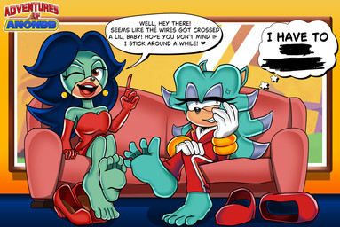 5_toes anthro barefoot blue_body clothed clothing duo feet female footwear one_eye_closed shoes shoes_removed soles speech_bubble text thought_bubble toes anonbb adventures_of_sonic_the_hedgehog archie_comics dic_entertainment sega sonic_the_hedgehog_(archie) sonic_the_hedgehog_(comics) sonic_the_hedgehog_(series) breezie_hedgebot_robotnik breezie_the_hedgehog breezie_the_hedgehog_(archie) eulipotyphlan hedgehog mammal hi_res