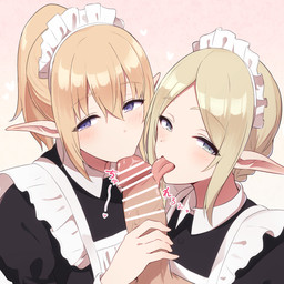 blonde_hair blush clothing collaborative collaborative_fellatio collaborative_oral collaborative_sex fellatio female genitals group group_sex hair heart_symbol humanoid_pointy_ears licking maid_uniform male male/female not_furry oral penile penis penis_lick pointy_ears sex threesome tongue tongue_out uniform yukage elf humanoid censored
