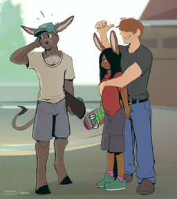 anthro biped blush bottomwear bulge bulge_grab clothed clothed_anthro clothed_male clothing fingers fur grey_body grey_fur group hair male smile standing teeth threesome_invitation topwear trio twang janis_(twang) asinus donkey equid equine human lagomorph leporid mammal rabbit hi_res