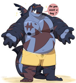 4_fingers anthro barefoot big_arms black_sclera bottomwear brown_markings clothed clothing dialogue dorsal_fin fangs feet fin fingers gills male markings musclegut muscular nipples non-mammal_nipples notched_fin offering_hug open_mouth orange_eyes pecs shorts simple_background solo sparkles speech_bubble spread_arms standing tail tail_fin teeth text topless topless_anthro topless_male white_background yellow_bottomwear yellow_clothing yellow_shorts same22shark nelson_(same22shark) fish marine shark 2022 digital_media_(artwork) english_text full-length_portrait portrait