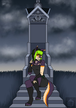 anthro arm_warmers armwear belt bleak_ambiance bottomwear clothing cloud cloudy_sky collar facial_piercing female leg_warmers legwear neon_green nose_piercing nose_ring one_ear_up piercing ring_piercing shirt skirt sky solo studded_belt studs tank_top tombstone topwear arwenscoots conditional_dnp canid canine mammal hi_res