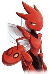 2015 amber_eyes ambiguous_gender black_body deedledove digital_drawing_(artwork) digital_media_(artwork) generation_2_pokemon hand_on_hip hi_res insect_wings looking_aside markings mole_(marking) multicolored_body nintendo pincers pokemon pokemon_(species) red_body scizor simple_background standing two_tone_body white_background wings