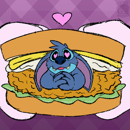 ambiguous_gender anthro biped blue_body blue_claws blue_fur blue_nose cheese cheese_singles chicken_meat claws dairy_products duo ears_down finger_claws food fried_chicken fur hands_together head_tuft heart_eyes heart_symbol holding_food holding_object holding_sandwich lettuce logo looking_at_viewer mayonnaise meat micro open_mouth open_smile pivoted_ears plant purple_background sandwich_(food) simple_background smile solo_focus tuft vegetable ifra disney lilo_and_stitch stitch_(lilo_and_stitch) alien ambiguous_species experiment_(lilo_and_stitch) 1:1 2025 artist_logo flat_colors watermark