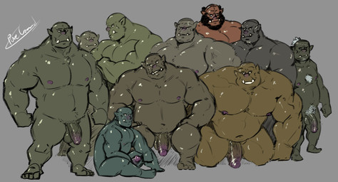 body_hair casual_erection casual_nudity chest_hair circumcised crossed_arms erection feet flaccid foreskin genitals green_body group humanoid_genitalia humanoid_penis looking_at_viewer male male/male musclegut muscular muscular_male navel nipples nude overweight overweight_male pecs penis pubes simple_background sitting standing teeth desertb0ar humanoid orc 2021