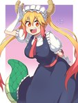 blonde_hair breasts clothing dress eyelashes female gloves hair hair_between_eyes handwear highlights_(coloring) horn kerchief long_hair maid_headdress maid_uniform multicolored_hair neckerchief neckwear open_mouth open_smile orange_eyes pink_hair short_sleeves sidelocks simple_background smile smiling_at_viewer solo tail teeth twintails_(hairstyle) uniform spideyhog miss_kobayashi's_dragon_maid mythology tohru_(dragon_maid) animal_humanoid dragon dragon_humanoid horned_humanoid humanoid mythological_creature mythological_scalie scalie 2018 3:4 hi_res