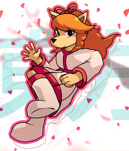 5_fingers anthro asian_clothing boots bow_ribbon breasts cherry_blossom clothing east_asian_clothing female fingers flower footwear hair japanese_clothing jumping kimono long_hair looking_at_viewer petals plant prunus_(flower) red_hair shoes smile solo text wind seezee undertale_(series) undertale_yellow ceroba_ketsukane canid canine fox mammal japanese_text