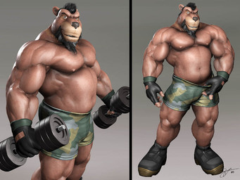 abs anthro beard biceps big_muscles biped black_hair boots bottomwear brown_body brown_fur bulge camo camo_bottomwear camo_clothing camo_pants camo_print clothed clothing dumbbell exercise facial_hair footwear fur gloves hair handwear holding_object huge_muscles male musclegut muscular muscular_anthro muscular_male nipples pants pattern_bottomwear pattern_clothing pattern_pants pecs pose shoes shorts slightly_chubby solo standing topless vein weightlifting weights workout braford sarge_(braford) bear brown_bear grizzly_bear mammal ursine 3d_(artwork) 4:3 digital_media_(artwork)