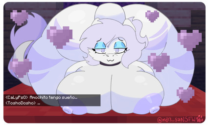 anthro areola ass_up bed big_breasts breasts butt collar female furniture heart_symbol huge_breasts markings nipples nude purple_markings purple_nipples solo tail text text_box white_body md13_sa microsoft minecraft mojang xbox_game_studios blake_(lukazmx_oc) 5:3 absurd_res artist_name hi_res signature